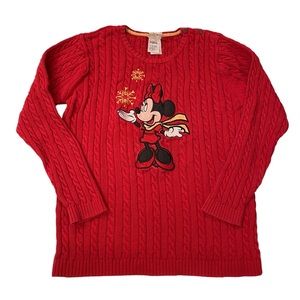 Disney Store Minnie Mouse Embroidered Cable Knit Red Christmas Winter Sweater